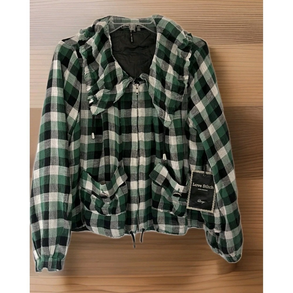 LOVE STITCH Boho Plaid Cropped Drawstring Bomber Jacket Pocket Zipper Oversize L